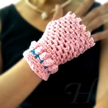 Pink Baubles Crochet Fingerless Gloves Hand Warmers