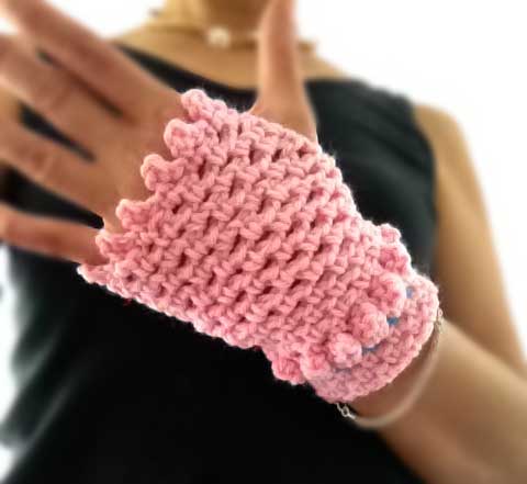 Pink Baubles Crochet Fingerless Gloves Hand Warmers