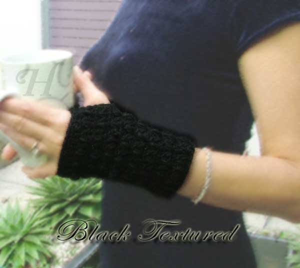 Black Textured Crochet Fingerless Gloves Hand Warmers