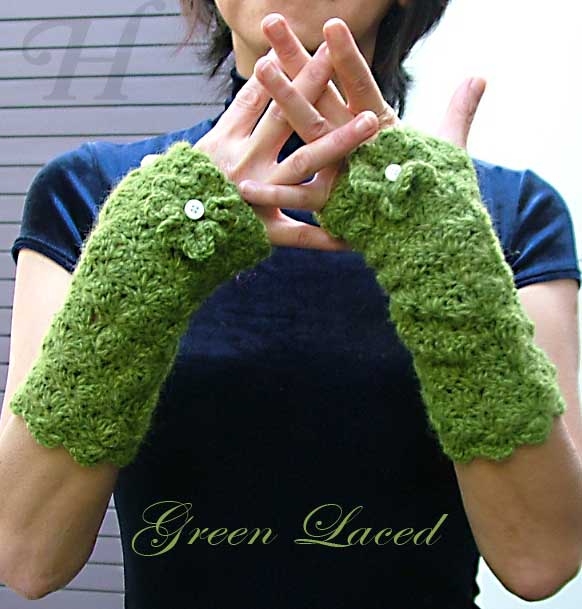 Green Laced Crochet Fingerless Gloves Hand Warmers