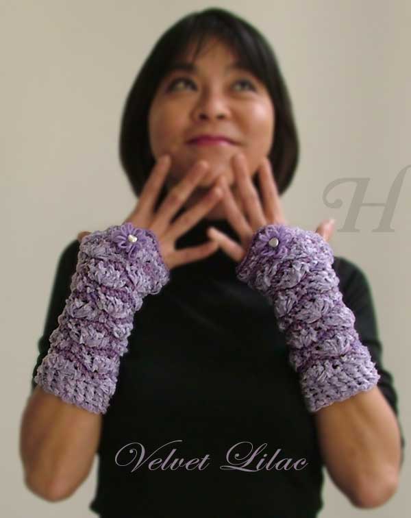 Velvet Lilac Crochet Fingerless Gloves Hand Warmers