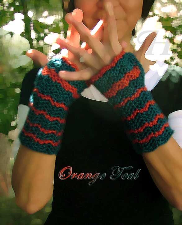 Orange Teal Crochet Fingerless Gloves Hand Warmers