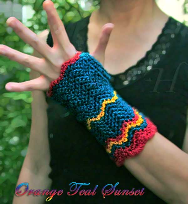 Orange Teal Sunset Crochet Fingerless Gloves Hand Warmers