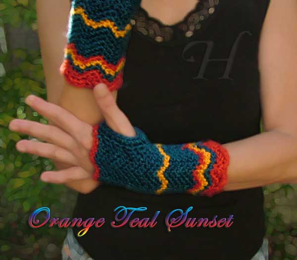 Orange Teal Sunset Crochet Fingerless Gloves Hand Warmers