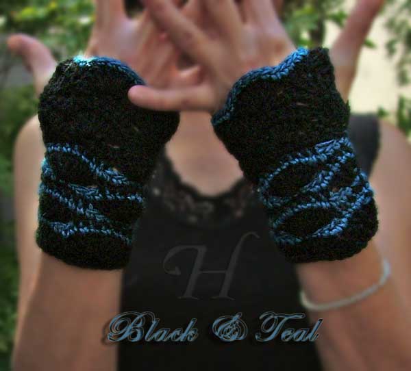 Black and Teal Crochet Fingerless Gloves Hand Warmers