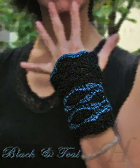 Black and Teal Crochet Fingerless Gloves Hand Warmers