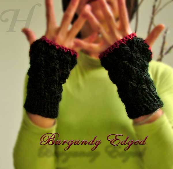 Burgundy Edged Crochet Fingerless Gloves Hand Warmers